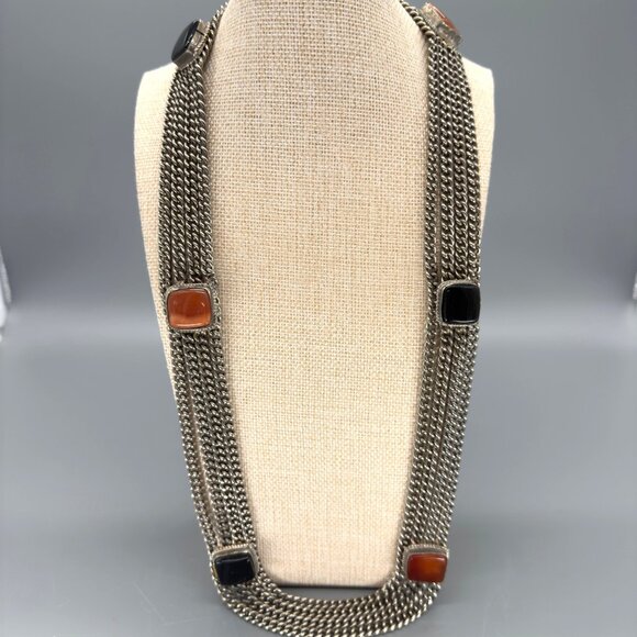 Vtg Multi Strand Pewter Chain Necklace Black Onyx Amber Color Stone Accents - Picture 9 of 16